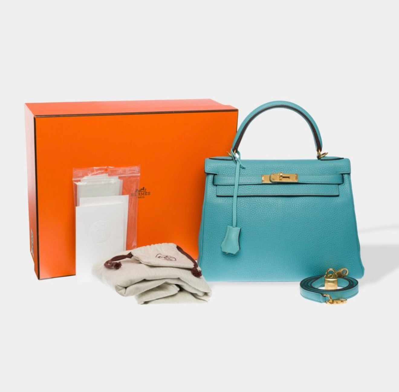 Hermès Kelly 28 Togo Leder „Blue Atoll“ – mit Gold-Hardware & Full Set (2015)