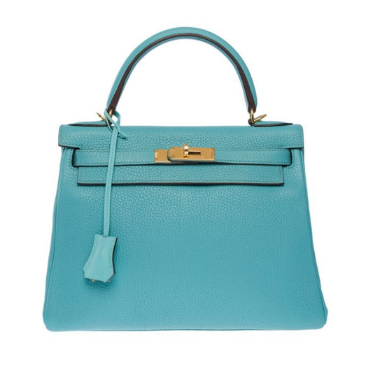 Hermès Kelly 28 Togo Leder „Blue Atoll“ – mit Gold-Hardware & Full Set (2015)